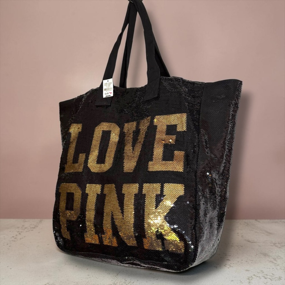 Victoria's Secret PINK Y2K Sequin Tote Bag Black Gold Love Pink Logo  NEW